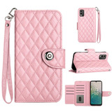 For Nokia C32 Rhombic Texture Flip Leather Phone Case with Lanyard(Pink)
