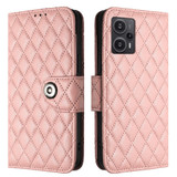 For Xiaomi Poco F5 / Redmi Note 12 Turbo Rhombic Texture Flip Leather Phone Case with Lanyard(Coral Pink)