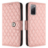 For Samsung Galaxy S20 FE Rhombic Texture Flip Leather Phone Case with Lanyard(Coral Pink)