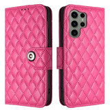 For Samsung Galaxy S23 Ultra 5G Rhombic Texture Flip Leather Phone Case with Lanyard(Rose Red)