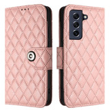 For Samsung Galaxy S21 FE 5G Rhombic Texture Flip Leather Phone Case with Lanyard(Coral Pink)