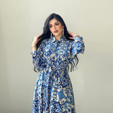 Ladies Printed Big Hem Shirt Tie Long Dress, Size: M(Blue)