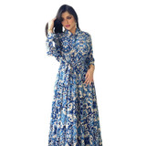 Ladies Printed Big Hem Shirt Tie Long Dress, Size: S(Blue)