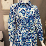 Ladies Printed Big Hem Shirt Tie Long Dress, Size: S(Blue)