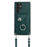 For Samsung Galaxy S22 Ultra 5G Organ Card Bag Ring Holder Phone Case with Long Lanyard(Green)