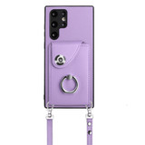 For Samsung Galaxy S22 Ultra 5G Organ Card Bag Ring Holder Phone Case with Long Lanyard(Purple)