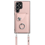 For Samsung Galaxy S23 Ultra 5G Organ Card Bag Ring Holder Phone Case with Long Lanyard(Pink)