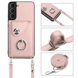 For Samsung Galaxy S22+ 5G Organ Card Bag Ring Holder Phone Case with Long Lanyard(Pink)