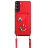 For Samsung Galaxy S22+ 5G Organ Card Bag Ring Holder Phone Case with Long Lanyard(Red)