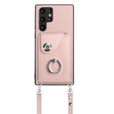 For Samsung Galaxy S22 Ultra 5G Organ Card Bag Ring Holder Phone Case with Long Lanyard(Pink)