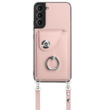 For Samsung Galaxy S22 5G Organ Card Bag Ring Holder Phone Case with Long Lanyard(Pink)
