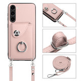 For Samsung Galaxy S23 5G Organ Card Bag Ring Holder Phone Case with Long Lanyard(Pink)