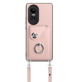 For OPPO Reno10/Reno10 Pro 5G Global Organ Card Bag Ring Holder Phone Case with Long Lanyard(Pink)