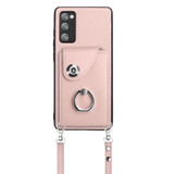 For Samsung Galaxy S20 FE Organ Card Bag Ring Holder Phone Case with Long Lanyard(Pink)