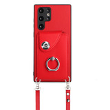 For Samsung Galaxy S22 Ultra 5G Organ Card Bag Ring Holder Phone Case with Long Lanyard(Red)