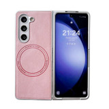 For Samsung Galaxy Z Fold5 Skin Feel Leather Texture MagSafe Pearlescent Paint Shockproof Phone Case(Pink)
