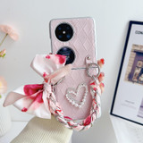 For Huawei P50 Pocket Rhombus Leather Texture Heart-shaped Scarf Bracelet Shockproof Phone Case(Pink)