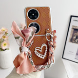 For Huawei Pocket 2 Rhombus Leather Texture Heart-shaped Scarf Bracelet Shockproof Phone Case(Brown)