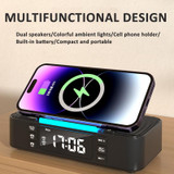 Digital Alarm Clock Wireless Charger Bluetooth Speaker RGB Night Light Cell Phone Stand(White)