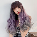Wig Female Big Wave Gradient Color Long Curly Hair Chemical Fiber Full Bangs Wig Simulation Headgear(Smoked Purple Ash 65CM)