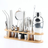 18 in 1 Stainless Steel Cocktail Shaker Set, Oval Bamboo Base, Bar Tool Set, Specification: 750ml