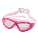 J8150 Eye Protection Flat Light Adult waterproof Anti-fog Big Frame Swimming Goggles with Earplugs(Transparent Pink)