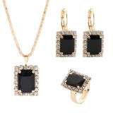 Square Crystal Necklace Earrings Ring For Women Jewelry Sets(Black)