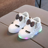 Kids Shoes Baby Infant Girls Eyelash Crystal Bowknot LED Luminous Boots Shoes Sneakers, Size:25(White)