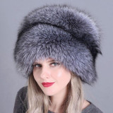 Silver Fox Ladies Winter Thick Warm Fox Fur Bomber Hat with Tail, Size:52-60cm