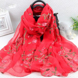 Autumn and Winter National Style Wild Peach Blossom Embroidery Pattern Long Lace Scarf Silk Scarf, Size:172 x 70cm(Red)