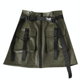 2 PCS Flower Skirt Skirt Chic PU Leather Tooling Zipper A Word Skirt with Belt, Size: M(Army Green)