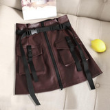 2 PCS Flower Skirt Skirt Chic PU Leather Tooling Zipper A Word Skirt with Belt, Size: M(Wine Red)