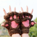 Winter Lovely Cartoon Cat Claw Lady Gloves Thick Warm Fluffy Paws Half Finger Gloves(Coffee)
