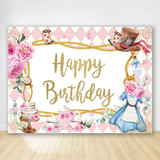210 x 150cm Pink Flowers Cake Cartoon Birthday Background Cloth Birthday Decoration Banner Hanging Flags