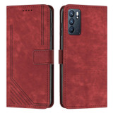 For OPPO Reno6 5G Skin Feel Stripe Pattern Leather Phone Case with Lanyard(Red)