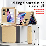 For OPPO Find N2 Flip Litchi Texture Leather Hinged Electroplated Phone Case with Pen(Gold Blue)