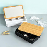 Jewelry Storage Box Bamboo Lid Compartment With Mirror Cosmetic Box(Black)