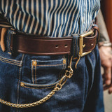 Men Vintage Brass Single Needle Quick Release Vegetable Tanned Leather Belt(Dark Brown)
