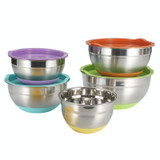 28cm With Colorful Silicone Bottom & Lid Salad Bowl Stainless Steel Thickened Basin(Color Random Delivery)