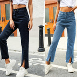 Women Solid Color Split Slim Jeans (Color:Light Blue Size:M)