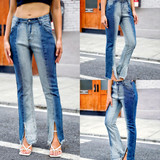 Women Gradient Stitching Split Fringed Jeans (XL)
