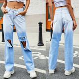 Women Gradient Irregular Ripped Jeans (Color:Gradient Blue Size:XL)