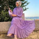 Women Long Sleeve Solid Color Chiffon Dress (Color:Purple Size:S)