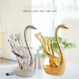 Swan Fruit Fork And Spoon Set Dessert Fork Fruit Fork Rack Tableware Wedding Gift, Colour: Golden Stripe With 3 Spoons+3 Forks