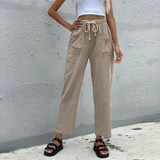 Women Color Cropped Straight-leg Pants with Laces (S)