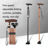 TBS-009 Four-Legged Folding Elderly Crutches Aluminum Alloy Light And Multifunctional Non-Slip Crutches With Light(Brown)