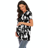 Maternity Printed Round Neck Short Sleeve T-Shirt (Color:Black Size:XXL)