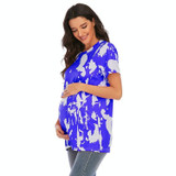 Maternity Printed Round Neck Short Sleeve T-Shirt (Color:Blue Size:XXL)