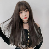 Wig Female Long Hair Hanging Ears Highlight Hair Full Headgear Bangs Long Curly Hair(Black Tea White Rainbow 65cm)