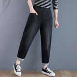 Women Slim Plus Size Pants Loose Wide Leg Jeans (Color:Black Size:L)